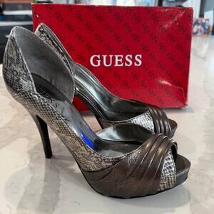 Guess Platform Snakeskin Peep Toe Locklyn Stiletto Heels Womens Size 8.5M Silver